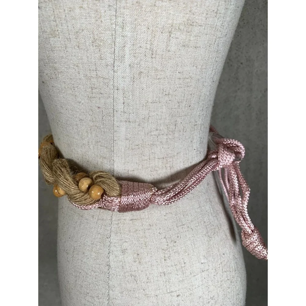 Vintage Statement Braided Beaded‎ Belt Womens Tan Pink Tie Waist 80s 90s Boho